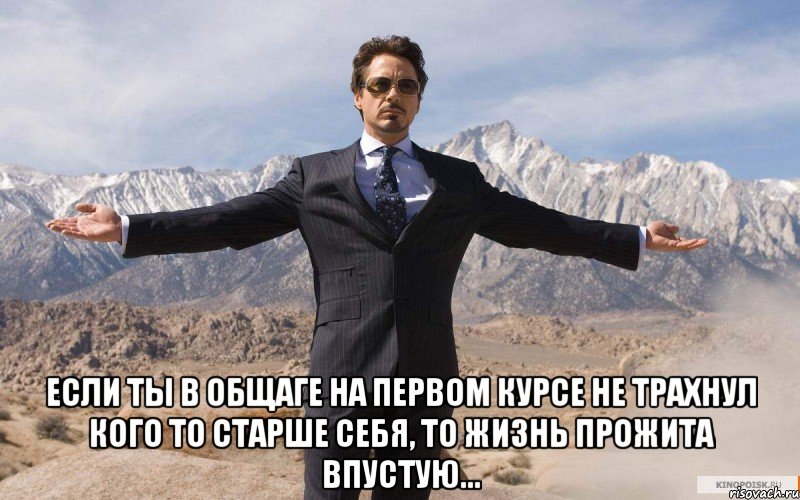  если ты в общаге на первом курсе не трахнул кого то старше себя, то жизнь прожита впустую..., Мем железный человек