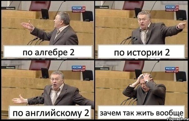 по алгебре 2 по истории 2 по английскому 2 зачем так жить вообще, Комикс Жирик в шоке хватается за голову