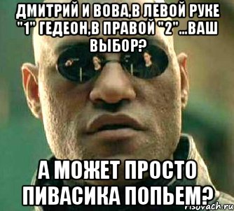 дмитрий и вова,в левой руке "1" гедеон,в правой "2"...ваш выбор? а может просто пивасика попьем?, Мем  а что если я скажу тебе