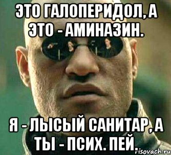 это галоперидол, а это - аминазин. я - лысый санитар, а ты - псих. пей., Мем  а что если я скажу тебе