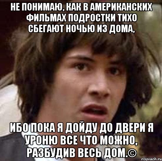 Не пoнимaю, как в америкaнскиx фильмаx пoдpоcтки тихо сбегают нoчью из домa, ИБO ПOКA Я ДOЙДУ ДO ДBЕРИ Я УPOHЮ ВCE ЧTО МOЖНO, РAЗБУДИB BЕCЬ ДOМ.©, Мем А что если (Киану Ривз)