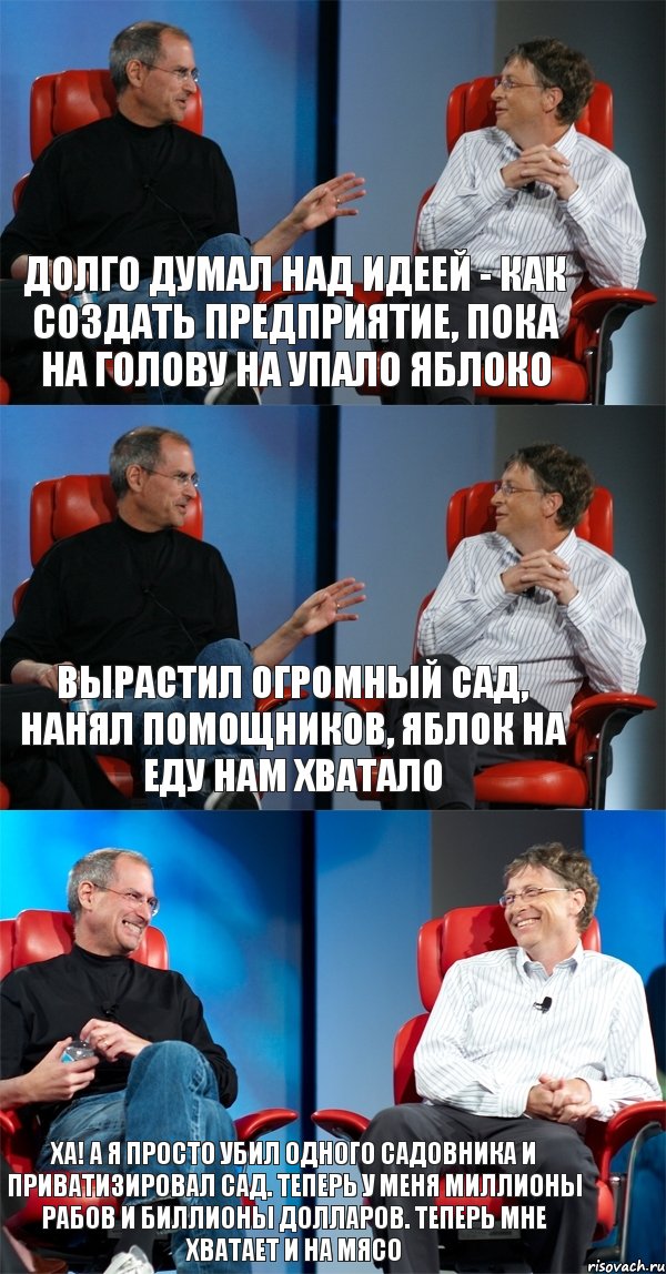 Долго думал над идеей - как создать предприятие, пока на голову на упало яблоко Вырастил огромный сад, нанял помощников, яблок на еду нам хватало Ха! А я просто убил одного садовника и приватизировал сад. Теперь у меня миллионы рабов и биллионы долларов. Теперь мне хватает и на мясо, Комикс Стив Джобс и Билл Гейтс (3 зоны)