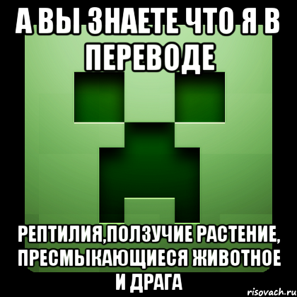 а вы знаете что я в переводе рептилия,ползучие растение, пресмыкающиеся животное и драга, Мем Creeper