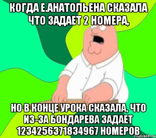 когда е.анатольена сказала что задает 2 номера, но в конце урока сказала, что из-за бондарева задает 1234256371834967 номеров, Мем  Да всем насрать (Гриффин)