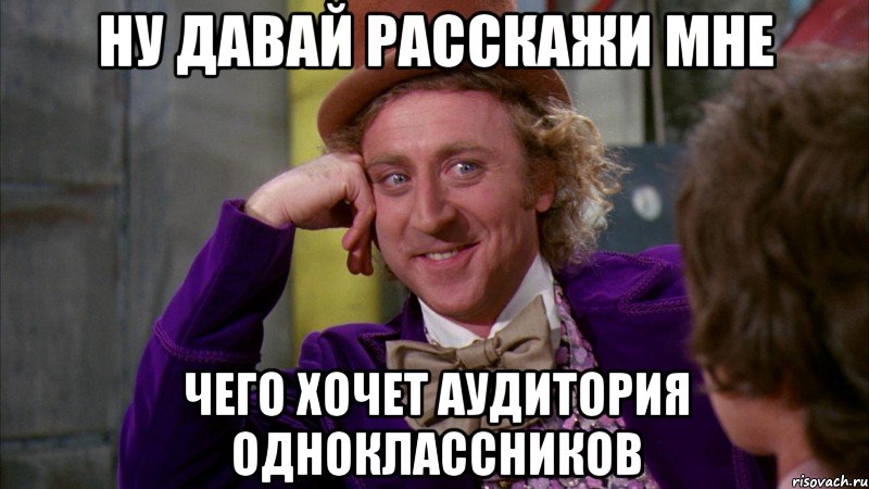 ну давай расскажи мне чего хочет аудитория одноклассников, Мем Ну давай расскажи (Вилли Вонка)