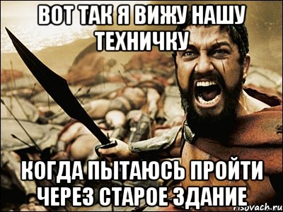 Вот так я вижу нашу техничку Когда пытаюсь пройти через старое здание, Мем Это Спарта