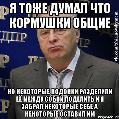 я тоже думал что кормушки общие но некоторые подонки разделили её между собой поделить и я забрал некоторые себе а некоторые оставил им, Мем Хватит это терпеть (Жириновский)