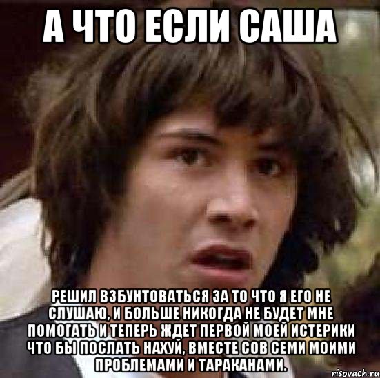 А что если Саша Решил взбунтоваться за то что я его не слушаю, и больше никогда не будет мне помогать и теперь ждет первой моей истерики что бы послать нахуй, вместе сов семи моими проблемами и тараканами., Мем А что если (Киану Ривз)