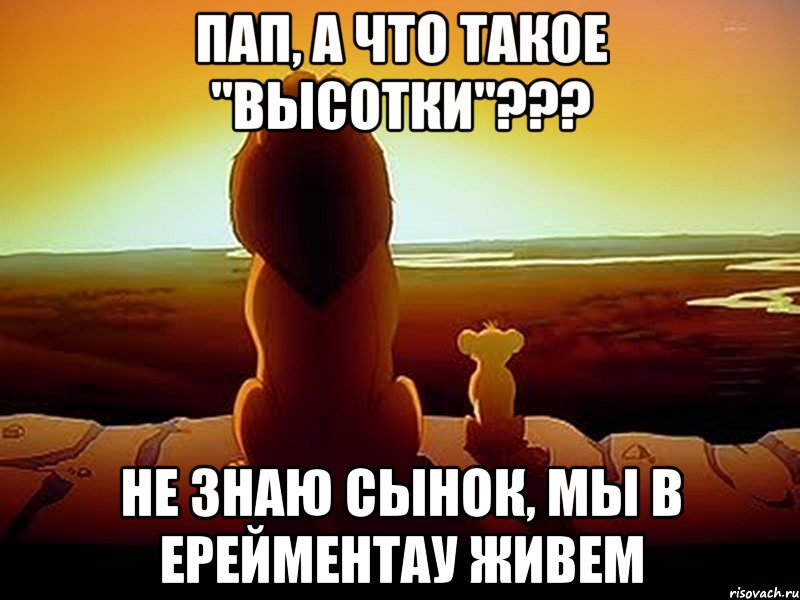 Пап, а что такое "Высотки"??? Не знаю сынок, мы в Ерейментау живем, Мем  король лев