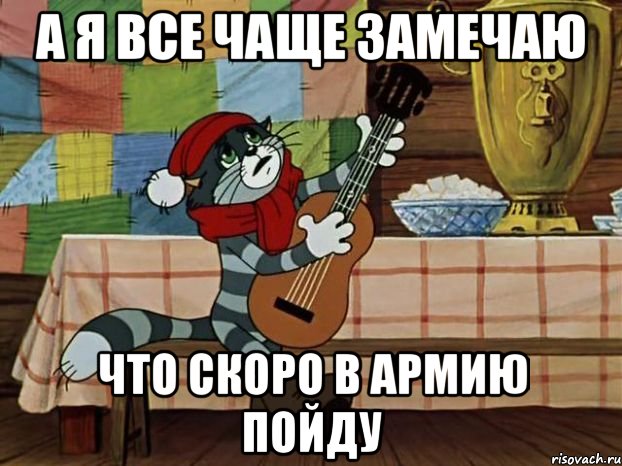 А я все чаще замечаю Что скоро в армию пойду, Мем Кот Матроскин с гитарой