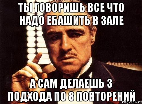 ты говоришь все что надо ебашить в зале а сам делаешь 3 подхода по 8 повторений, Мем крестный отец