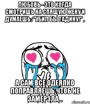 Любовь - это когда смотришь на спящую жену и думаешь: "Убил бы гадину!" , а сам все одеялко поправляешь,чтоб не замерзла..., Мем Влюбленный