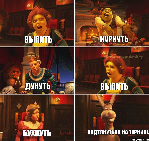 Выпить Курнуть дунуть выпить бухнуть подтянуться на турнике, Комикс  Шрек Фиона Гарольд Осел