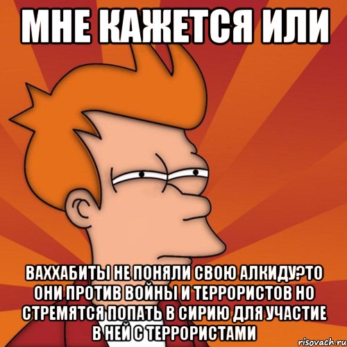 мне кажется или ваххабиты не поняли свою алкиду?то они против войны и террористов но стремятся попать в сирию для участие в ней с террористами, Мем Мне кажется или (Фрай Футурама)