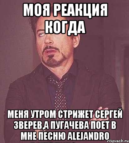 МОЯ РЕАКЦИЯ КОГДА меня утром стрижет Сергей Зверев,а Пугачева поет в мне песню Alejandro, Мем  Мое выражение лица (вертик)