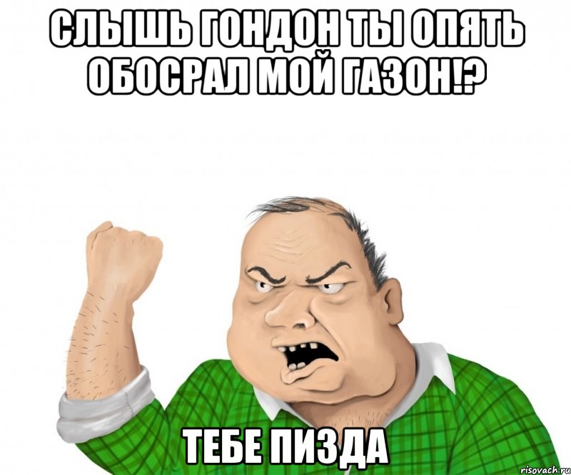 СЛЫШЬ ГОНДОН ты опять обосрал мой газон!? ТЕБЕ ПИЗДА, Мем мужик