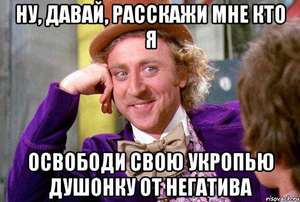 ну, давай, расскажи мне кто я освободи свою укропью душонку от негатива, Мем Ну давай расскажи (Вилли Вонка)