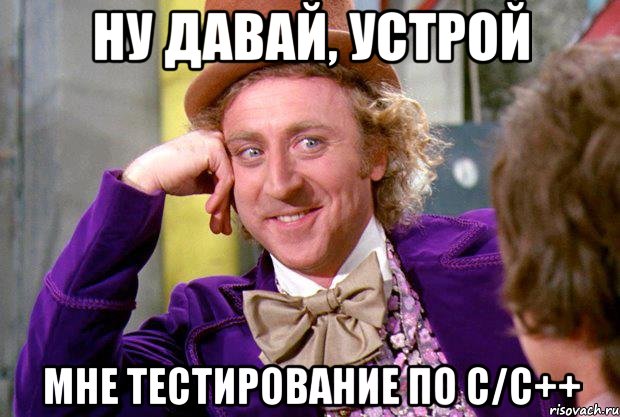 ну давай, устрой мне тестирование по с/с++, Мем Ну давай расскажи (Вилли Вонка)