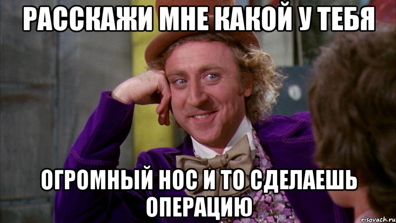 расскажи мне какой у тебя огромный нос и то сделаешь операцию, Мем Ну давай расскажи (Вилли Вонка)