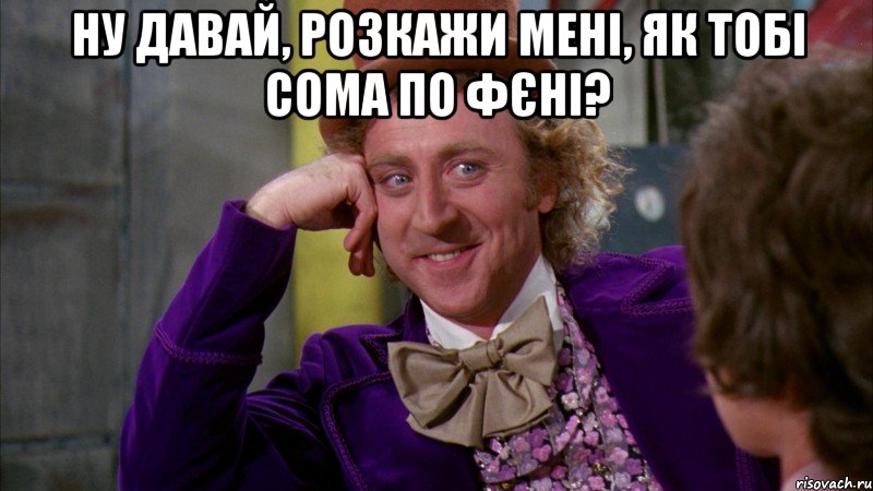 ну давай, розкажи мені, як тобі сома по фєні? , Мем Ну давай расскажи (Вилли Вонка)