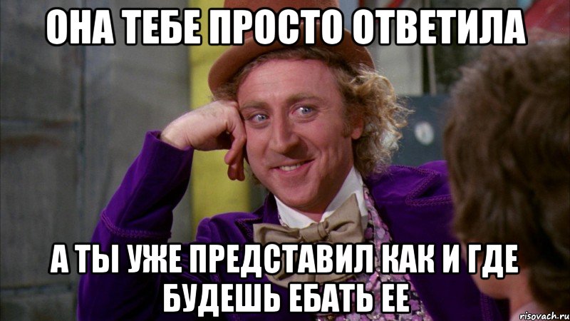 она тебе просто ответила а ты уже представил как и где будешь ебать ее, Мем Ну давай расскажи (Вилли Вонка)