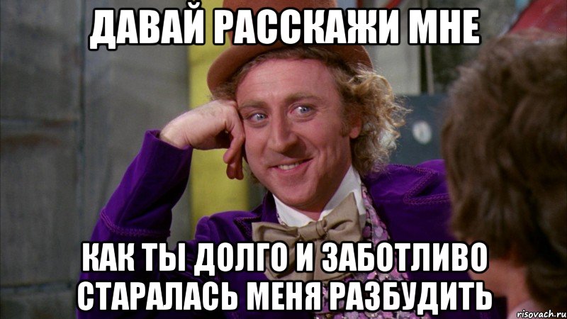 давай расскажи мне как ты долго и заботливо старалась меня разбудить, Мем Ну давай расскажи (Вилли Вонка)