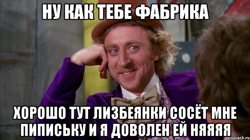 ну как тебе фабрика хорошо тут лизбеянки сосёт мне пипиську и я доволен ей няяяя, Мем Ну давай расскажи (Вилли Вонка)