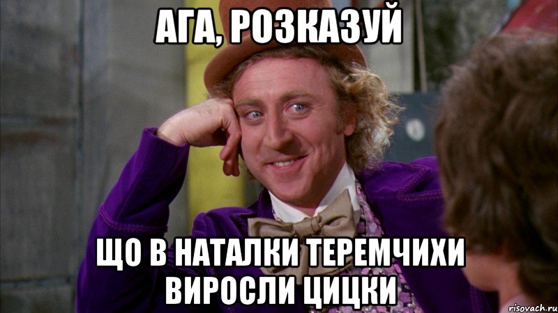 АГА, РОЗКАЗУЙ ЩО В НАТАЛКИ ТЕРЕМЧИХИ ВИРОСЛИ ЦИЦКИ, Мем Ну давай расскажи (Вилли Вонка)