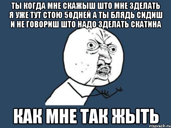 ТЫ КОГДА МНЕ СКАЖЫШ ШТО МНЕ ЗДЕЛАТЬ Я УЖЕ ТУТ СТОЮ 50ДНЕЙ А ТЫ БЛЯДЬ СИДИШ И НЕ ГОВОРИШ ШТО НАДО ЗДЕЛАТЬ СКАТИНА КАК МНЕ ТАК ЖЫТЬ, Мем Ну почему