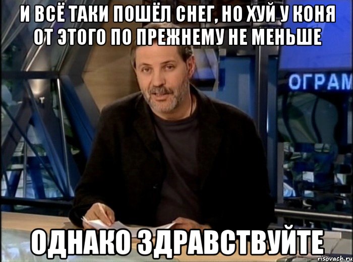 и всё таки пошёл снег, но хуй у коня от этого по прежнему не меньше однако здравствуйте, Мем Однако Здравствуйте