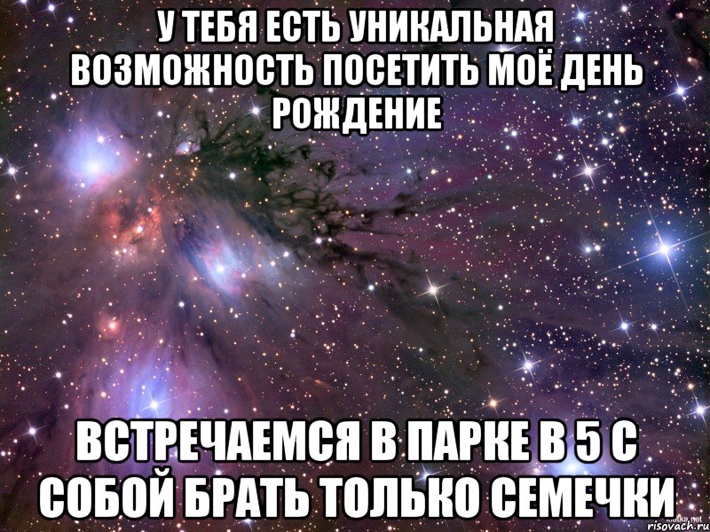 у тебя есть уникальная возможность посетить моё день рождение встречаемся в парке в 5 с собой брать только семечки, Мем Космос