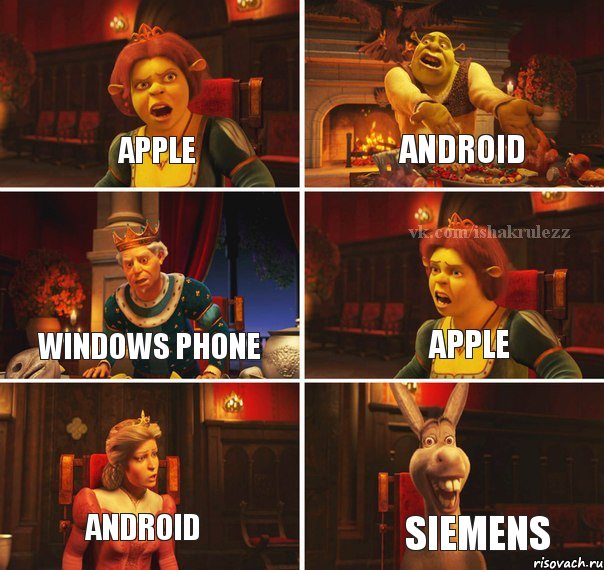 APPLE ANDROID WINDOWS PHONE APPLE ANDROID SIEMENS, Комикс  Шрек Фиона Гарольд Осел