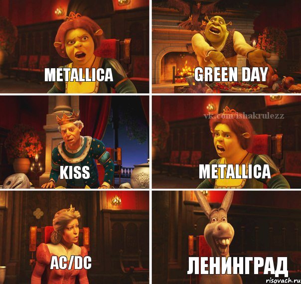 Metallica Green day Kiss Metallica Ac/dc Ленинград, Комикс  Шрек Фиона Гарольд Осел