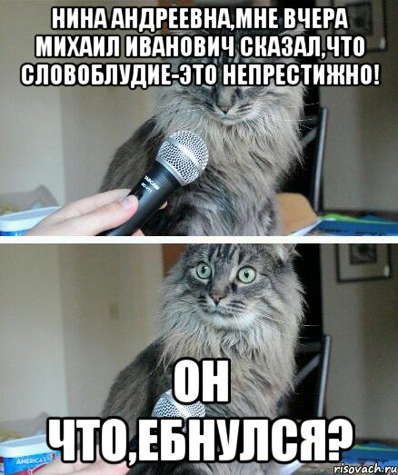нина андреевна,мне вчера михаил иванович сказал,что словоблудие-это непрестижно! он что,ебнулся?, Комикс  кот с микрофоном
