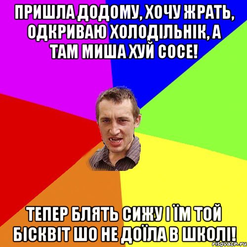 пришла додому, хочу жрать, одкриваю холодільнік, а там миша хуй сосе! тепер блять сижу і їм той бісквіт шо не доїла в школі!, Мем Чоткий паца