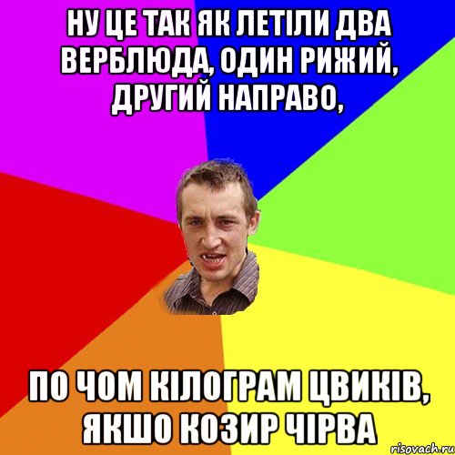 ну це так як летіли два верблюда, один рижий, другий направо, по чом кілограм цвиків, якшо козир чірва, Мем Чоткий паца