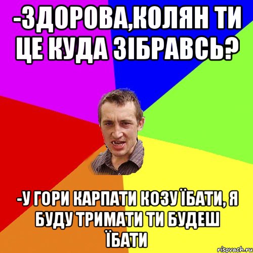 -здорова,колян ти це куда зібравсь? -у гори карпати козу їбати, я буду тримати ти будеш їбати, Мем Чоткий паца