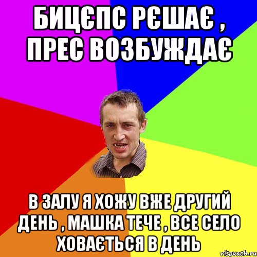 Бицєпс рєшає , прес возбуждає В залу я хожу вже другий день , Машка тече , все село ховається в день, Мем Чоткий паца