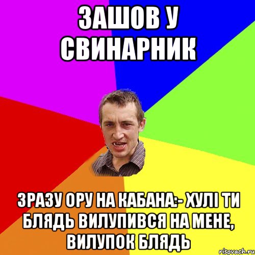 Зашов у свинарник Зразу ору на кабана:- Хулі ти блядь вилупився на мене, вилупок блядь, Мем Чоткий паца