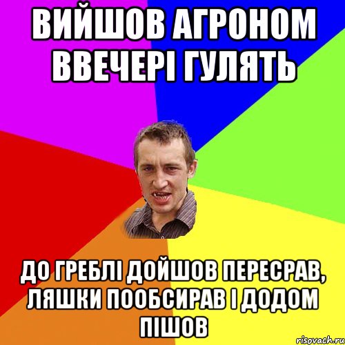 Вийшов агроном ввечері гулять До греблі дойшов пересрав, ляшки пообсирав і додом пішов, Мем Чоткий паца