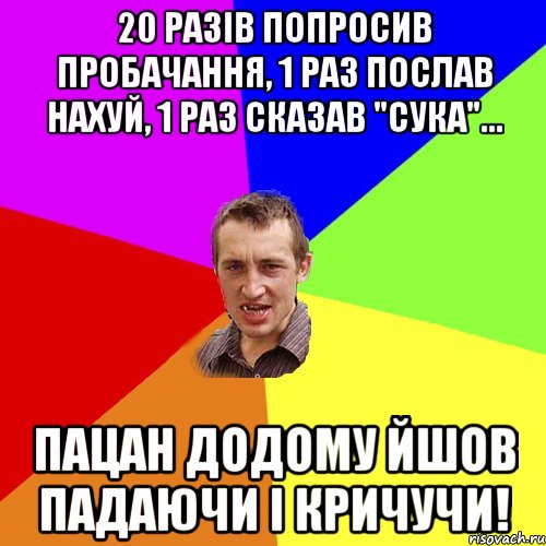 20 разів попросив пробачання, 1 раз послав нахуй, 1 раз сказав "сука"... пацан додому йшов падаючи і кричучи!, Мем Чоткий паца