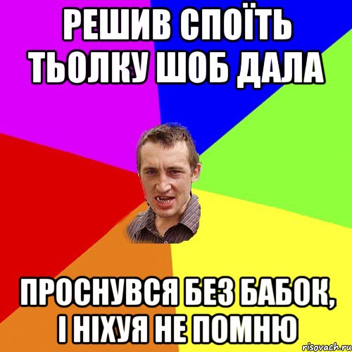 РЕШИВ СПОЇТЬ ТЬОЛКУ ШОБ ДАЛА ПРОСНУВСЯ БЕЗ БАБОК, І НІХУЯ НЕ ПОМНЮ, Мем Чоткий паца