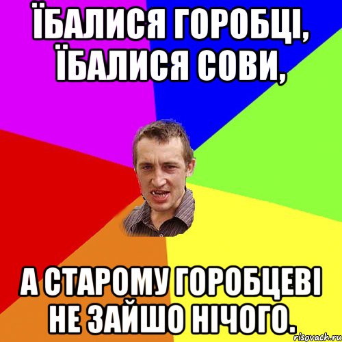 ЇБАЛИСЯ ГОРОБЦІ, ЇБАЛИСЯ СОВИ, А СТАРОМУ ГОРОБЦЕВІ НЕ ЗАЙШО НІЧОГО., Мем Чоткий паца