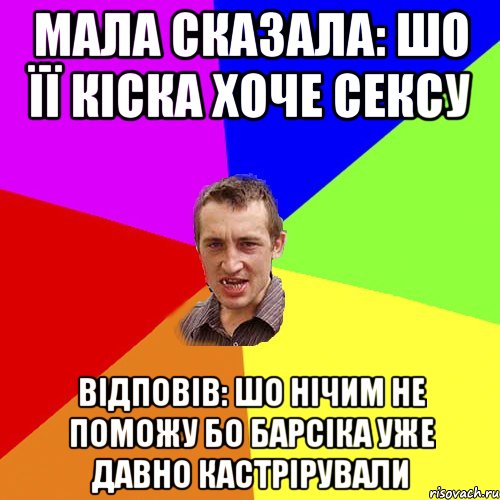 мала сказала: шо її кіска хоче сексу Відповів: шо нічим не поможу бо Барсіка уже давно кастрірували, Мем Чоткий паца