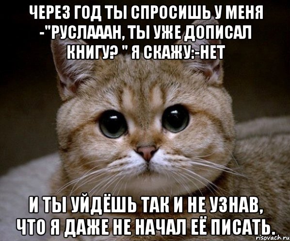 Через год ты спросишь у меня -"Руслааан, ты уже дописал книгу? " Я скажу:-Нет И ты уйдёшь так и не узнав, что я даже не начал её писать., Мем Пидрила Ебаная