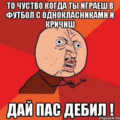 то чуство когда ты играеш в футбол с однокласниками и кричиш дай пас дебил !, Мем Почему