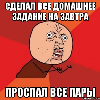 СДЕЛАЛ ВСЕ ДОМАШНЕЕ ЗАДАНИЕ НА ЗАВТРА ПРОСПАЛ ВСЕ ПАРЫ, Мем Почему