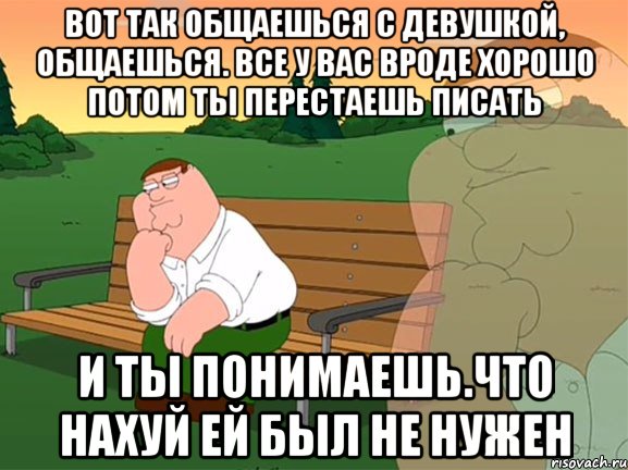 вот так общаешься с девушкой, общаешься. все у вас вроде хорошо потом ты перестаешь писать и ты понимаешь.что нахуй ей был не нужен, Мем Задумчивый Гриффин