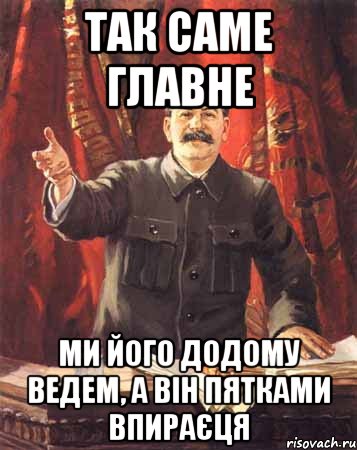 так саме главне ми його додому ведем, а він пятками впираєця, Мем  сталин цветной