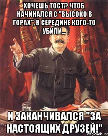 Хочешь тост? Чтоб начинался с "высоко в горах", в середине кого-то убили... И заканчивался "ЗА НАСТОЯЩИХ ДРУЗЕЙ!", Мем  сталин цветной